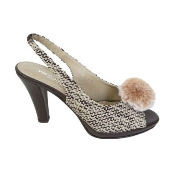 Via Condotti  Tweed Pom Pom Sling-back Peep-toe Sandals Brown 8 - Picture 2 of 11